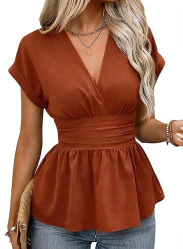Astylish Womens Trendy V Neck Business Work Tunic Tops Trendy Short Sleeve Stretchy Ruched Waist Dressy Shirts Cinnamon Large - Image 1