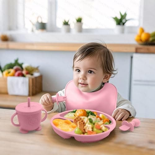 Baby Led Weaning Supplies, 8 Piece BPA-Free Silicone Feeding Set, Silicone Suction Bowl, Forks & Spoons, Bib & Cup, Develops Self Feeding Skills, Dishwasher Safe, for 6+ Months (Pink) - Thumbnail 6