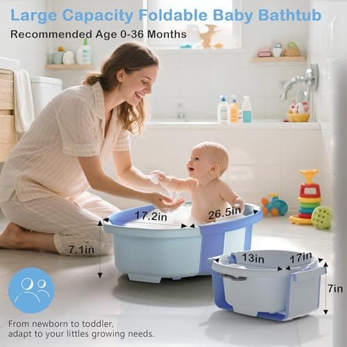 Collapsible Baby Bathtub - Large Baby Bath Tub with Thermometer & Cushion | Travel Portable Newborn Infant Bathtub | Foldable Toddler Bathtub for Baby 0 to 36 Months (Blue) - Thumbnail 3
