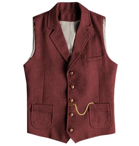 AeoTeokey Men's Tweed Suit Vest Western Herringbone Wool Casual Waistcoat for Groomsman (Burgundy,3X-Large) - Image 1