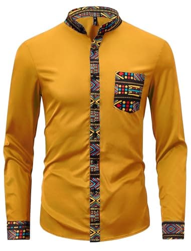 ZAFUL Men's Hipster African Tribal Graphic Patchwork Design Slim Fit Long Sleeve Button up Mandarin Collar Shirts (Orange Tribal Graphic S) - Image 1
