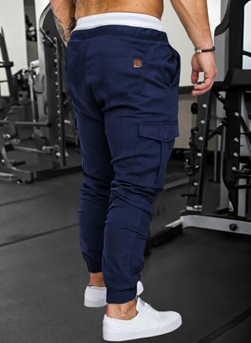 JMIERR Men's Fashion Cargo Pants - Casual Cotton Tapered Stretch Twill Chino Athletic Joggers Sweatpants Lightweight Drawstring Workout Trousers Travel Pants with Pockets for Men, US 34(M), A Blue - Thumbnail 4