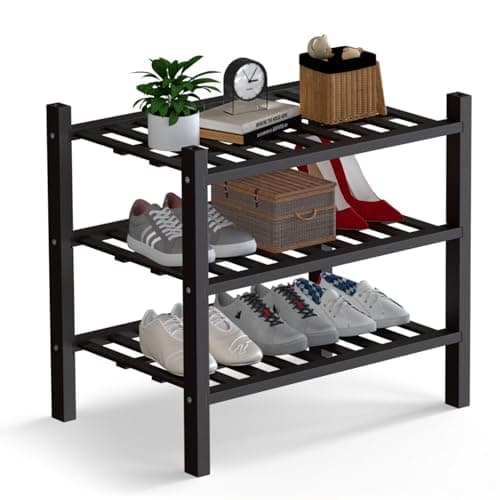 Haddockway Small 3 Tier Bamboo Shoe Rack Storage Organizer, Multifunctional Free Standing Stackable Shoe Shelf with Grid Panel for Closet,Hallway,Entryway,Small Space 18"x11"x17" - Image 1