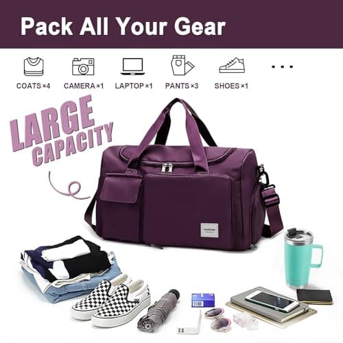WOOMADA Foldable Travel Duffel Bag with Shoes Compartment, Overnight Bag with Wet Pocket & Trolley Sleeve, Weekender Bags for Women (purple) - Thumbnail 3