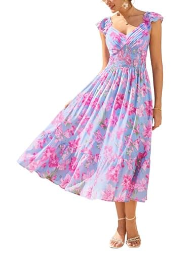 GRACE KARIN Women's Summer Floral Maxi Dress 2026 Ruffle Sleeve Smocked Sundress Flowy Wedding Guest Long Dresses Blue Pink XL - Image 1