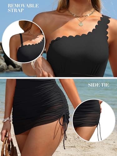 Charmo Modest Swim Dress for Women Skirt One Piece Swimsuit Women Scalloped Bathing Suit One Shoulder Swim Suit Black XL - Thumbnail 5