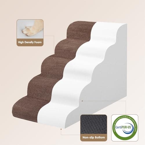 EHEYCIGA Curved Dog Stairs Ramp for High Beds, 5-Step Extra Wide Dog Steps for Small Dogs and Cats, Pet Stairs for High Bed Climbing, Non-Slip Balanced Pet Step Indoor, Brown - Thumbnail 2