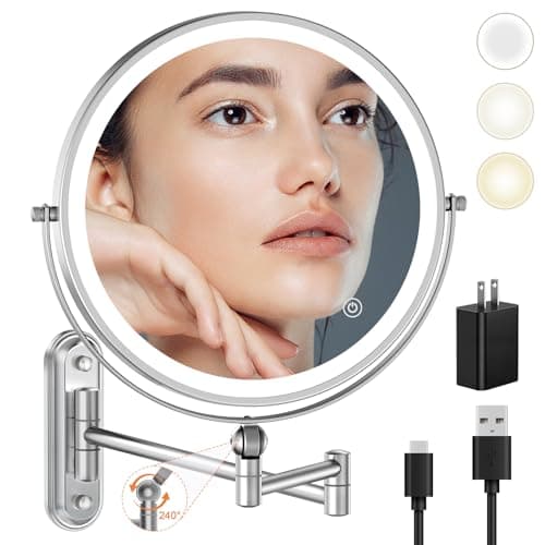 9" Wall Mounted Makeup Lighted Mirror, 4000mAh Rechargeable Double Sided LED Vanity Mirror with Height Adjustable&1X/10X Magnification, 3 Color Lights Touch Screen Dimmable 360°Swivel Bathroom Mirror - Image 1