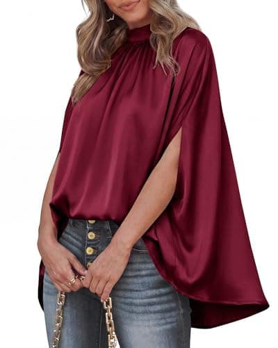 BTFBM Womens Summer Tops 2026 Mock Neck Batwing Sleeve Silk Satin Shirts Loose Oversized Dressy Casual Spring Blouses(Wine Red, Large) - Image 1