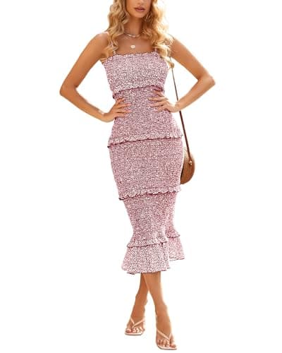 dowerme Women Summer Casual Floral Midi Smocked Bodycon Dresses Spaghetti Strap Square Neck Ruffle Mermaid Prom Dress(Red,Medium) - Image 1