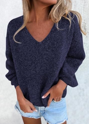 KIRUNDO Sweaters for Women Fall 2026 Oversized V Neck Cozy Cute Casual Long Sleeve Knit Pullover Trendy Winter Clothing(Navy, X-Large) - Thumbnail 3