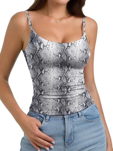 PINKMSTYLE Camisole Tops for Women Scoop Neck Tank Top Sleeveless Double Lined Summer Spaghetti Strap Going Out Tops Snake Print Large - Thumbnail 4