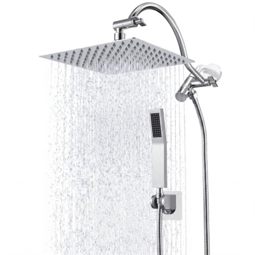 All Metal 10" Rain Showerhead with Handheld Spray Combo, Rainfall Overhead Shower Set with 12.6" Adjustable Extension Arm&Adhesive Bracket for All Families Chrome Waterfall Shower Head with Hose - Image 1