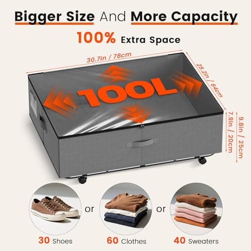 XXXL 100L Under Bed Storage with Wheels, Rolling Storage Containers with Support & Clear Lid, Heavy-Duty Metal Frame, Easy Pull-out, Underbed Storage Bins for Clothes, Shoes, Blankets, and Toys 2 pack - Thumbnail 2