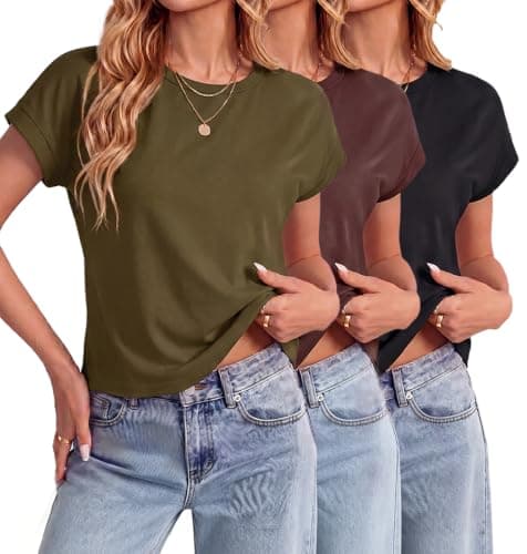 JINKESI 3 Pack Women Cap Sleeve Crop Tops Basic T Shirts Casual Crewneck Loose Fit Tee Summer Trendy Outfits Clothes Black,Coffee,Army Green,2X-Large - Image 1