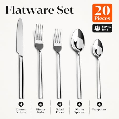 WANGYUANJI 20-Piece Stainless Steel Flatware Set for 4, Modern Mirror Polished Silverware Set, Heavy-Duty Cutlery with Ergonomic Square Handle, Dishwasher Safe Tableware for Home, Kitchen, Restaurant - Thumbnail 2