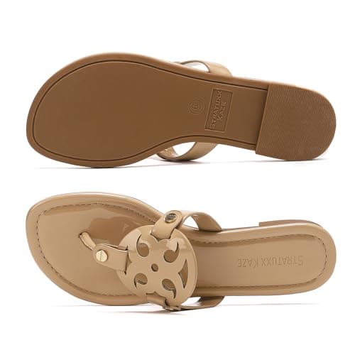 Stratuxx Kaze Women's Dressy Patent Leather Thong Sandals with Memory Foam,Comfy Beach Slides Slip On Flat Sandals for Women - Thumbnail 4
