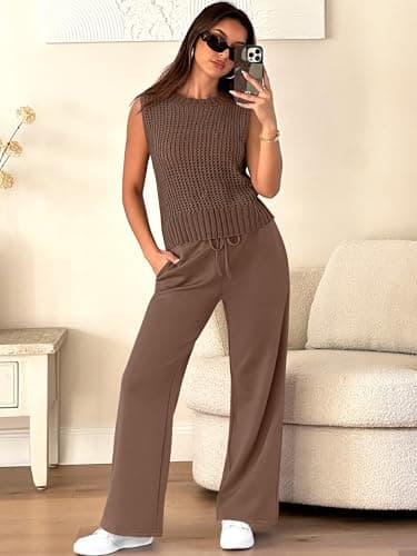 ANRABESS Women 2 Piece Summer Outfits 2026 Crochet Sweater Vest Wide Leg Pants Lounge Matching Sets Travel Vacation Clothes Brown Medium - Thumbnail 3