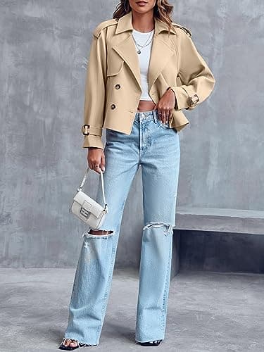 Saodimallsu Women Crop Double Breasted Trench Coat Raglan Sleeve Work Office Cropped Jacket With Pockets - Thumbnail 4