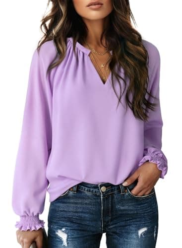 Dokotoo Boho Tops for Women V Neck Chiffon Blouses Dressy Casual Long Sleeve Shirts Westen Tops for Women Trendy Spring Outfits 2026 Summer Clothes Purple Top M - Image 1