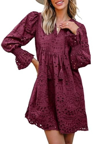 Dokotoo Red Dresses for Women 2026 Fashion Embroidered Hollow Out Eyelet Dress Tassel V Neck Cotton Casual Dress Long Sleeve A Line Mini Dresses Small - Image 1