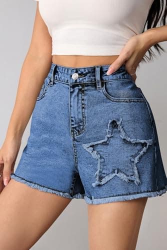 Pink Queen Women's Summer Jean Shorts 2026 Fashion Frayed Ripped Denim Shorts Casual Star/Bow Frayed Hem Hot Shorts with Pockets Dark Blue M - Thumbnail 4