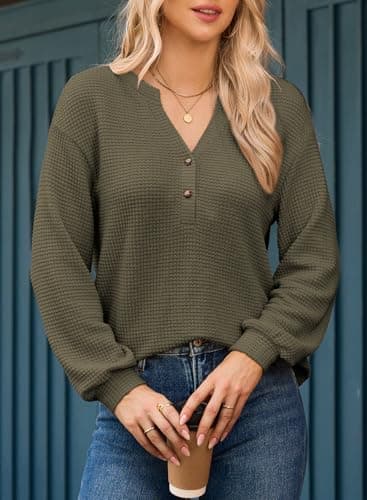 Dokotoo Business Outfits Spring Tops for Women 2026 Plus Size Spring Outfits Lightweight Long Lantern Sleeve Shirts V Neck Button Up Blouse Green Casual Fashion Spring Clothes Small - Thumbnail 3