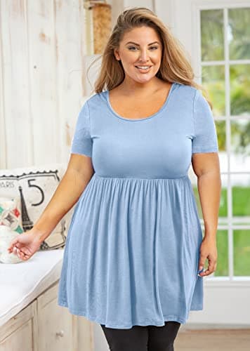 AusLook Women's Plus Size Tunic Short Sleeve Clothes Scoop Neck Summer Tops Pleated Flowy Loose Fit Babydoll T Shirt L-5X, C10-light Blue, 3X - Thumbnail 3