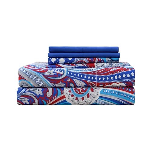 Spirit Linen home Full Size Bed Sheets Set Deep Pockets - 6PC Floral Ultra Soft Microfiber Bed Sheets - Easy to Clean, 90 Thread Count Sheets Includes 1 Fitted, 1 Flat, 2 Pillowcases (Navy Medallion) - Thumbnail 5