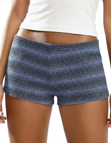 IWOLLENCE Women's Striped Micro Shorts Knit Lowrise Y2K Going Out Bottoms Booty Mini Shorts Gingham Summer Beach Coverup Hotpants Dark Grey Blue, XS - Image 1