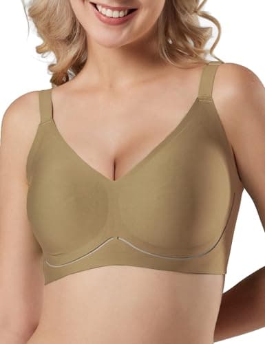 Tarbo Jelly Wireless Push Up Bras for Women – Seamless Mesh Bra, V Neck T-Shirt Bralette with Natural Lift, Light Support No Underwire Adjustable Straps Back Smoothing Everyday Comfort Bra Dark Nude M - Image 1