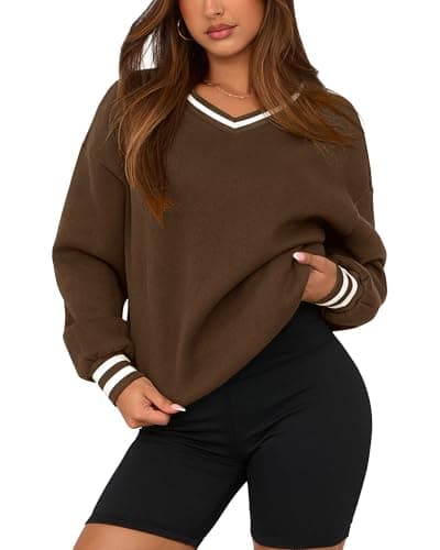 PRETTYGARDEN Women's Oversized Sweatshirts Casual Long Sleeve Stripes Knit V Neck Pullover Top Spring Preppy Clothes(Brown,Small)