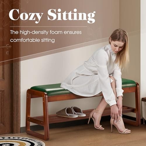 HABUTWAY Solid Wood Shoe Rack, Entryway Shoe Bench with Cushion, 2 Tier Shoes Organizer for Entryway, Hallway, Living Room-(Green,39.37"-L) - Thumbnail 3