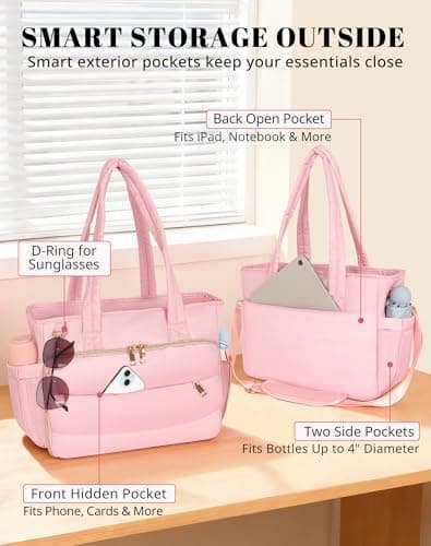VAYOQON Puffer Tote Bag for Women, Large Quilted Handbag with Laptop Compartments, Work, College, Church & Bible Bag (Pink) - Thumbnail 4