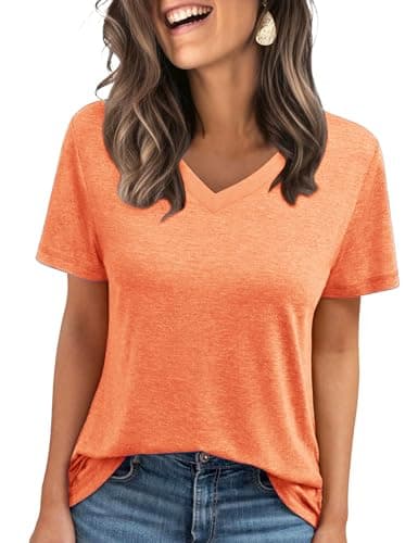 C.O.Z.Y Short Sleeve T-Shirts V Neck T Shirts for Women Light Weight Casual Summer Top Outfit Clothes 2025 Coral XL - Image 1