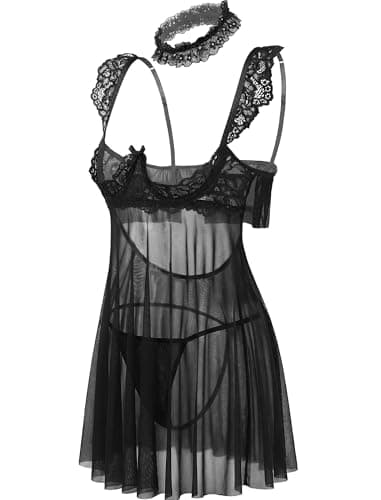 Avidlove Lingerie for Women Sexy V Neck Sheer Mesh Lace Underwire Push Up Babydoll Lingerie Dress Black L - Thumbnail 6