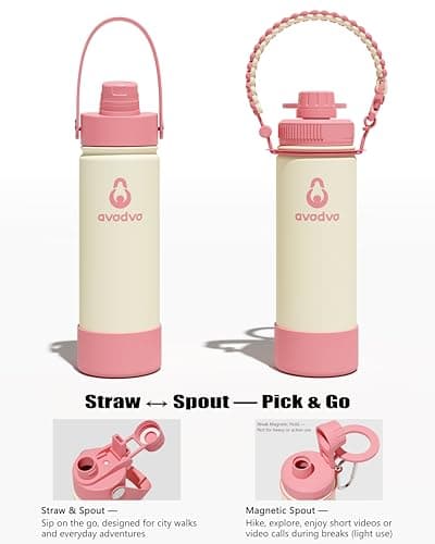avodvo 18 oz Insulated Water Bottle with 2 Lids (2-in-1 Straw & Spout Lid, Magnetic Lid), Slim Water Bottle with Strap, Stainless Steel Water Bottle for School, PA-Free, Light Pink - Thumbnail 3