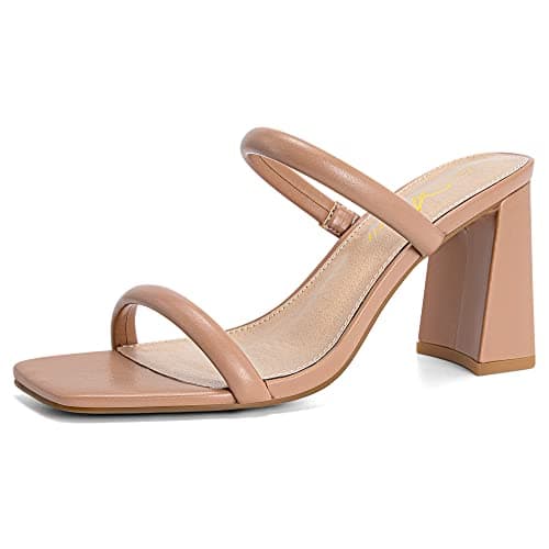 Athlefit Women's Square Open Toe Two Strap Heeled Sandals Slip On Block Chunky Nude Heels Sandals Size 10 - Image 1