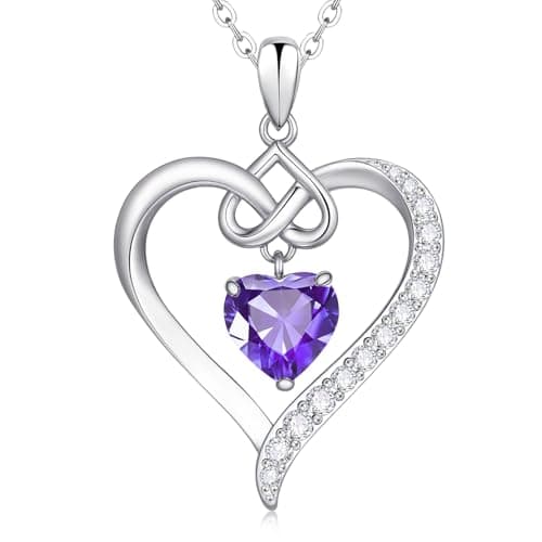 925 Sterling Silver Birthstone Heart Necklace for Women - Infinity Love Pendant with Cubic Zirconia, 12 Colors, Valentine's Day Gift for Her, 12 Months, Birthday Anniversary Christmas Jewelry Gifts (Sliver-02-Feb) - Image 1