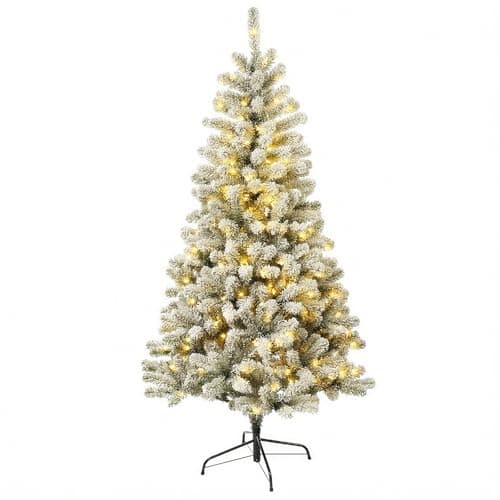 Aovotreena 6FT Pre-Lit Snow Flocked Christmas Tree with 300 Warm White LED Lights, 575 PVC Branch Tips, Fake Xmas Snowy Trees,Pre-Hinged & Foldable Base for for Indoor, Office, Party, Holiday Décor - Image 1