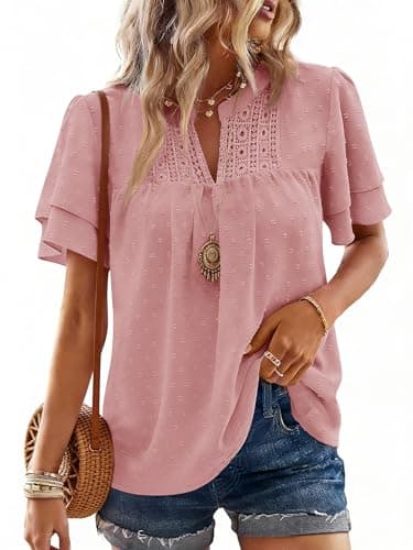Bellcoco Summer Tops for Women Boho Butterfly Short Sleeve V Neck Blouses Swiss Dot Shirts Dressy Casual Flowy Outfits 2026(Pink,Large) - Image 1