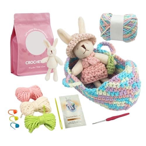 Lmrbelec Crochet Kit for Beginners, Crochet Animals Kit for Kids Adults, Rabbit Cradle Knitting Kit with Soft Yarn, Crochet Hook & Step-by-Step Video Tutorials, Crafts & Gift for Teen Girls - Image 1