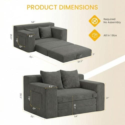 Boneless Loveseat Sleeper Sofa Bed: 3-in-1 Convertible Sofa Bed with Side Pockets & Handle,Pull Out Couch with 2 Pillows,Folding Futon for Small Space,Living Room & Bedroom,Corduroy Fabric,No Assembly - Thumbnail 3