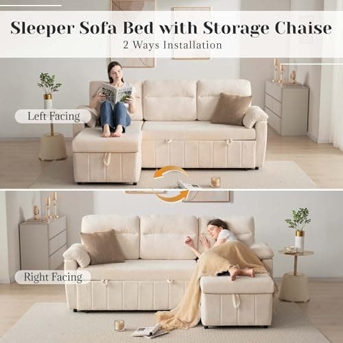 Tbfit 84" Sofa Bed Couch, Pull Out Couch with USB & Type-C Charging, Convertible Sofa Bed with Storage Chaise, Chenille Queen Sleeper Sofa for Small Spaces, Living Room, Apartment, RV, Beige - Thumbnail 6