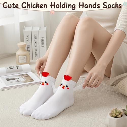 FunisFun Chicken Socks with Magnetic Holding Hands Funny Animal Crazy Socks for Women Ideal Gifts for Girls Teens (US, Alpha, One Size, Regular, Regular, White&Red) - Thumbnail 5