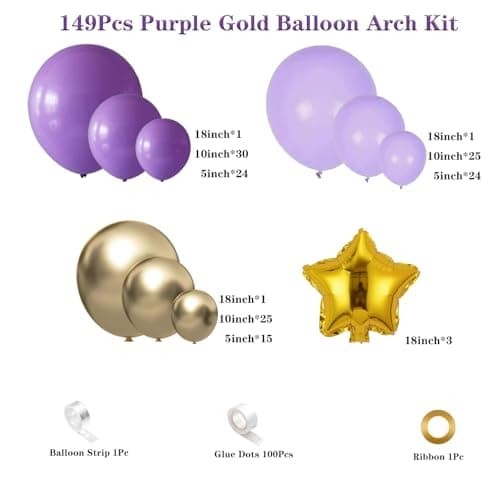 Purple and Gold Balloon Garland Arch Kit, Purple Light Purple Metallic Gold Balloons with Gold Star Foil Balloons for Lavender Butterfly Birthday Wedding Baby Shower Anniversary Party Decorations - Thumbnail 2