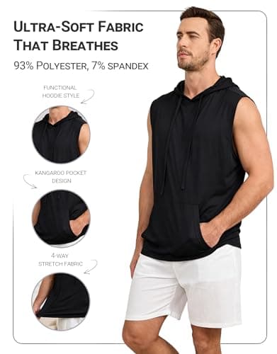INVICTUSY Men's Sleeveless Hooded Tank Tops Workout Gym Shirts Muscle Cut Off Bodybuilding Hoodies Athletic Activewear T-Shirts Black - Thumbnail 2