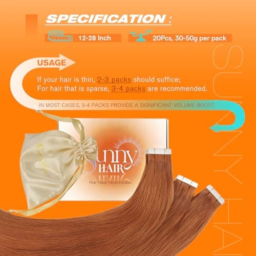 Sunny Hair Tape in Hair Extensions Human Hair Copper Orange Remy Hair Extensions Tape in 22inch Tape in Human Hair Extensions Add Length for Wedding 20Pcs 50g - Thumbnail 5