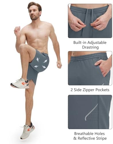 M MAELREG Men's Workout Running Shorts with Zipper Pockets 7 inch Quick Dry Workout Gym Athletic Shorts for Men Grey Blue - Thumbnail 3