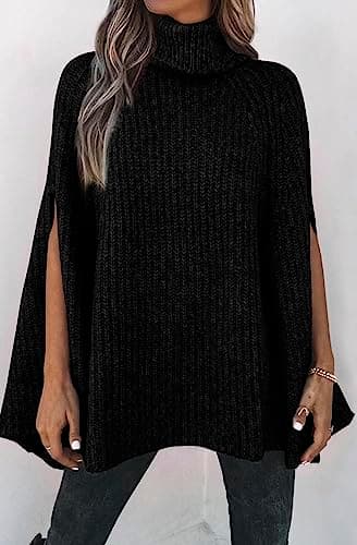 KIRUNDO Women's 2026 Fall Winter Turtleneck Poncho Sweater Fashion Chunky Knit Cape Wrap Sweaters Pullover Jumper Tops(Black, Small) - Thumbnail 6